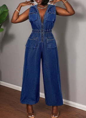 2026 Fashion Zipper Sleeveless Hooded Workwear Denim Jumpsuit