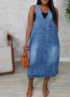 2026 New Solid Color V-Neck Sleeveless Mid-Length Denim Dress