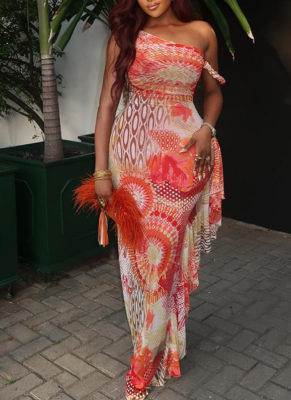 2026 Sexy Floral Print Color Block Asymmetrical Neck Sleeveless Fitted Waist Bodycon Dress