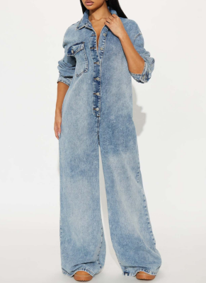 Casual Stretch Washed Long-Sleeved Flared Denim Jumpsuit