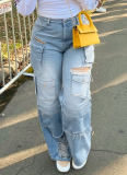 Fashion Multi-Pocket Studded Button Washed Ripped Loose Straight Leg Jeans