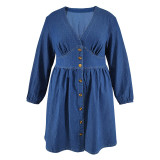 2026 New V-neck Fitted Waist Midi Denim Dress