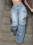 Fashion Multi-Pocket Studded Button Washed Ripped Loose Straight Leg Jeans