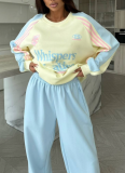 Color Block Letter Print Crew Neck Sweatshirt Loose Fit Sports Pants Set