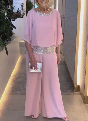 Solid Color Crew Neck Sequined Color Block Batwing Top and Wide-Leg Pants Suit