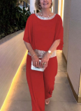 Solid Color Crew Neck Sequined Color Block Batwing Top and Wide-Leg Pants Suit