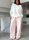 Color Block Letter Print Crew Neck Sweatshirt Loose Fit Sports Pants Set