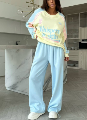 Color Block Letter Print Crew Neck Sweatshirt Loose Fit Sports Pants Set