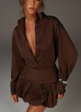 Fashion Striped Long-Sleeved Slim-Fit Shirt Top and Skirt Two-Piece Set