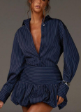Fashion Striped Long-Sleeved Slim-Fit Shirt Top and Skirt Two-Piece Set