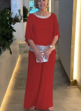 Solid Color Crew Neck Sequined Color Block Batwing Top and Wide-Leg Pants Suit