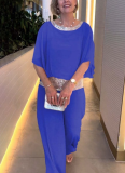 Solid Color Crew Neck Sequined Color Block Batwing Top and Wide-Leg Pants Suit
