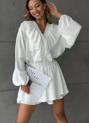 New Style Ruffled Single-Breasted Long-Sleeve Shirt and Double-Layer Shorts Set