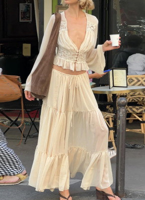 2026 Sexy Lace Chiffon Cardigan Top Loose Sheer Lace-up Long Skirt Set