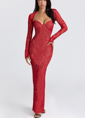 2026 New Lace Sheer Shawl Long-Sleeved Top Strapless Fishtail Skirt Set