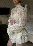 2026 Fashionable High-Neck Lantern Sleeve Top and Cake Skirt Set