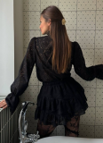 2026 Fashionable High-Neck Lantern Sleeve Top and Cake Skirt Set
