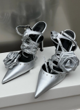 French Silver Rose Crisscross Strap Pointed Toe Stiletto Sandals