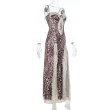 New Sexy Leopard Print Lace Slit Halter Dress