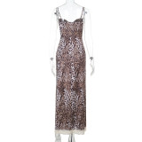 New Sexy Leopard Print Lace Slit Halter Dress