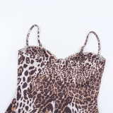 New Sexy Leopard Print Lace Slit Halter Dress