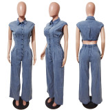 Casual Slim Fit Stretch Washed Denim Loose Straight Leg Jumpsuit