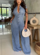 Casual Slim Fit Stretch Washed Denim Loose Straight Leg Jumpsuit