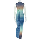 Fashion Gradient Color Block High-Neck Sleeveless Pleated Bodycon Long Dress
