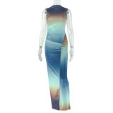 Fashion Gradient Color Block High-Neck Sleeveless Pleated Bodycon Long Dress