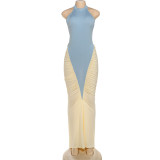 Sexy Halter Neck Backless Pleated Color Block Slim Fit Bodycon Dress