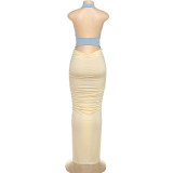 Sexy Halter Neck Backless Pleated Color Block Slim Fit Bodycon Dress