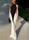 Sexy Halter Neck Backless Pleated Color Block Slim Fit Bodycon Dress