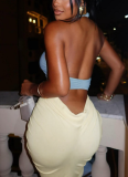 Sexy Halter Neck Backless Pleated Color Block Slim Fit Bodycon Dress