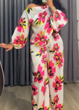 Fashionable Printed Lantern Sleeve Asymmetrical Neck Top and Wide-Leg Trousers Set