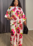 Fashionable Printed Lantern Sleeve Asymmetrical Neck Top and Wide-Leg Trousers Set