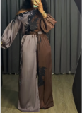 Fashionable Printed Lantern Sleeve Asymmetrical Neck Top and Wide-Leg Trousers Set