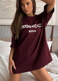 Wine Red Casual Loose Crew Neck Letter Print Short-Sleeve T-Shirt