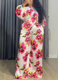 Fashionable Printed Lantern Sleeve Asymmetrical Neck Top and Wide-Leg Trousers Set