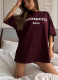 Wine Red Casual Loose Crew Neck Letter Print Short-Sleeve T-Shirt