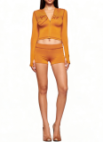 Fashionable Printed Hooded Thumb Buckle Long-Sleeved Top and Shorts Set