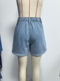 Casual Loose-fitting Collared Denim Shirt and Rolled-up Shorts Two-Piece Set