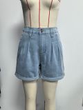 Casual Loose-fitting Collared Denim Shirt and Rolled-up Shorts Two-Piece Set