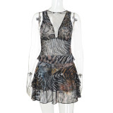 Sexy Vacation Patchwork Ruffled Irregular Deep V V-neck Vest Top and Skirt Set