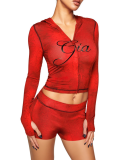 Fashionable Printed Hooded Thumb Buckle Long-Sleeved Top and Shorts Set
