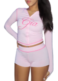 Fashionable Printed Hooded Thumb Buckle Long-Sleeved Top and Shorts Set