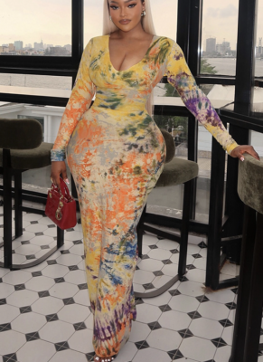 Fashionable Printed Waist-Slim Fit Bodycon Long Dress