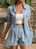 Casual Loose-fitting Collared Denim Shirt and Rolled-up Shorts Two-Piece Set
