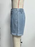 Casual Loose-fitting Collared Denim Shirt and Rolled-up Shorts Two-Piece Set