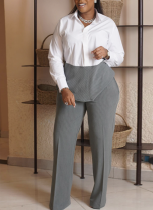 New Casual Striped Patchwork Collared Shirt and Wide-Leg Pants Suit