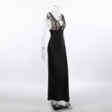 Sexy V-neck Lace-trimmed Satin Slim Fit Dress
